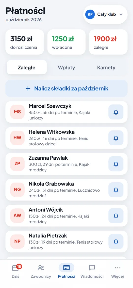 Płatności w aplikacji admina: do rozliczenia, wpłacone, zaległe i przycisk Nalicz składki za październik