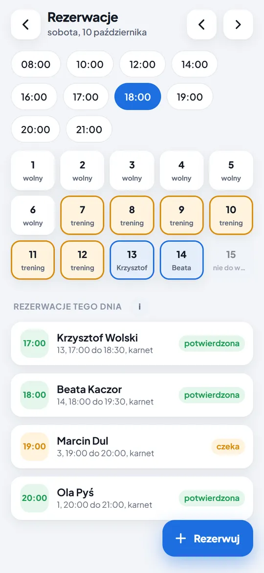 Rezerwacje stołów w aplikacji admina: stoły wolne, zajęte przez trening i zarezerwowane, lista rezerwacji dnia