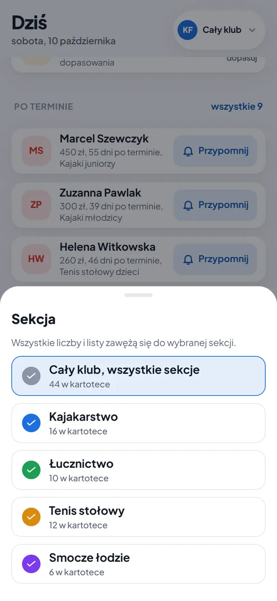 Wybór sekcji w aplikacji admina: cały klub, kajakarstwo, łucznictwo, tenis stołowy, smocze łodzie