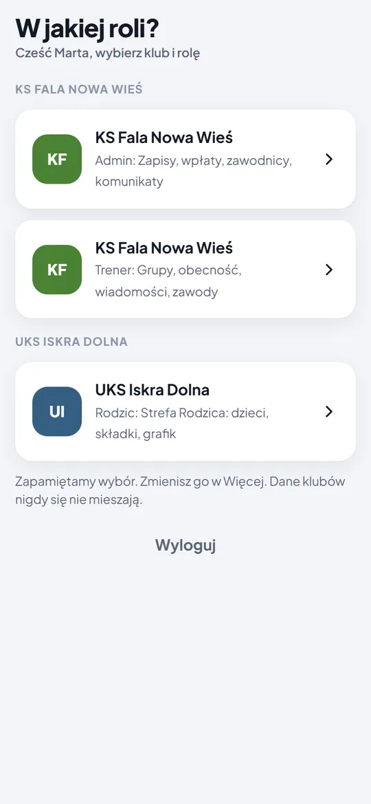 Wybór klubu i roli po zalogowaniu: admin, trener albo rodzic