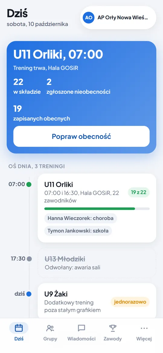 Aplikacja trenera, ekran Dziś