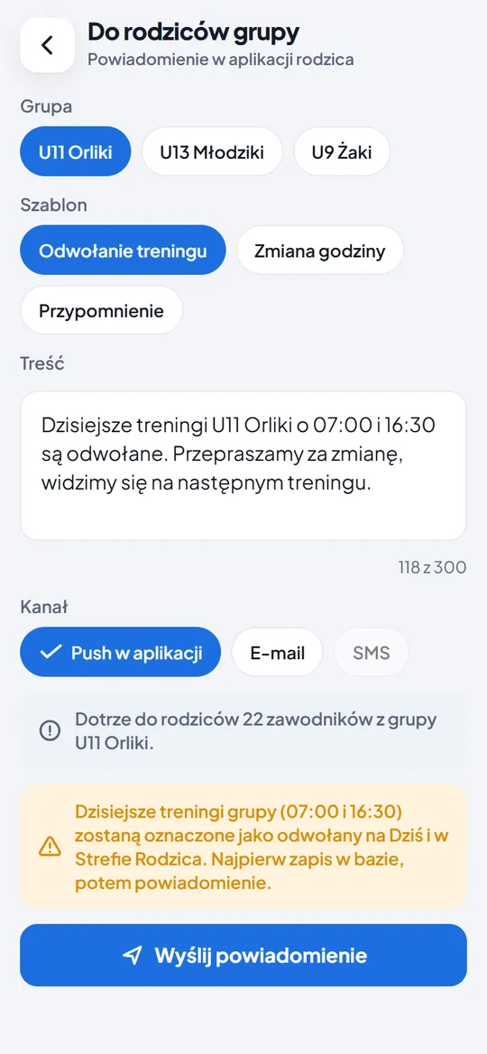 Komunikat do rodziców grupy w aplikacji trenera z szablonem Odwołanie treningu