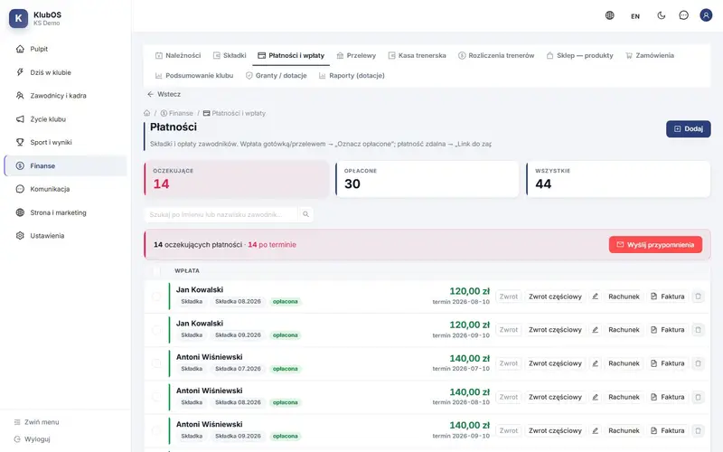 KlubOS admin panel: list of payments and fees
