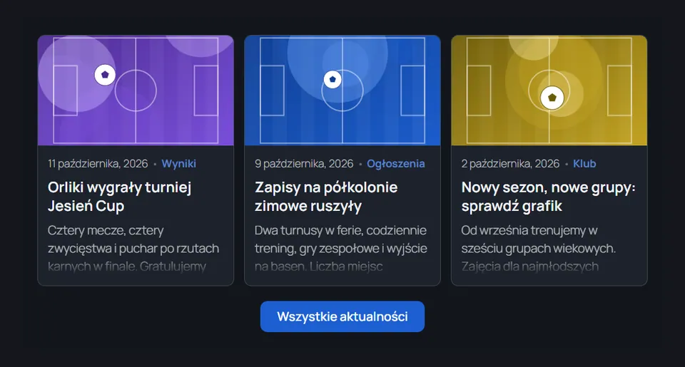 Aktualności klubu jako trzy kafle ze zdjęciami, ciemny motyw