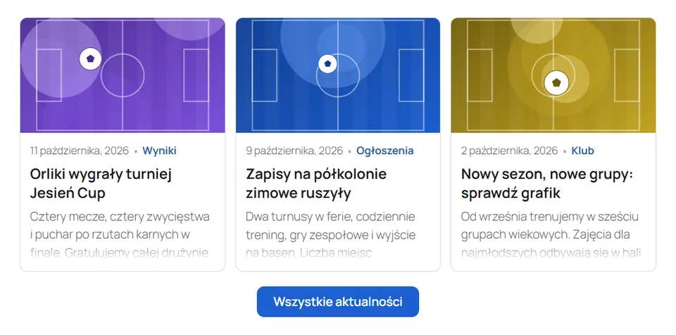 Aktualności klubu na stronie WordPress: kafle ze zdjęciami, datą i zajawką
