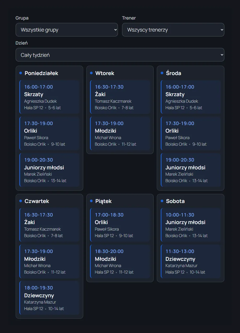 Grafik zajęć: tydzień z grupami, godzinami, salami i trenerami, ciemny motyw