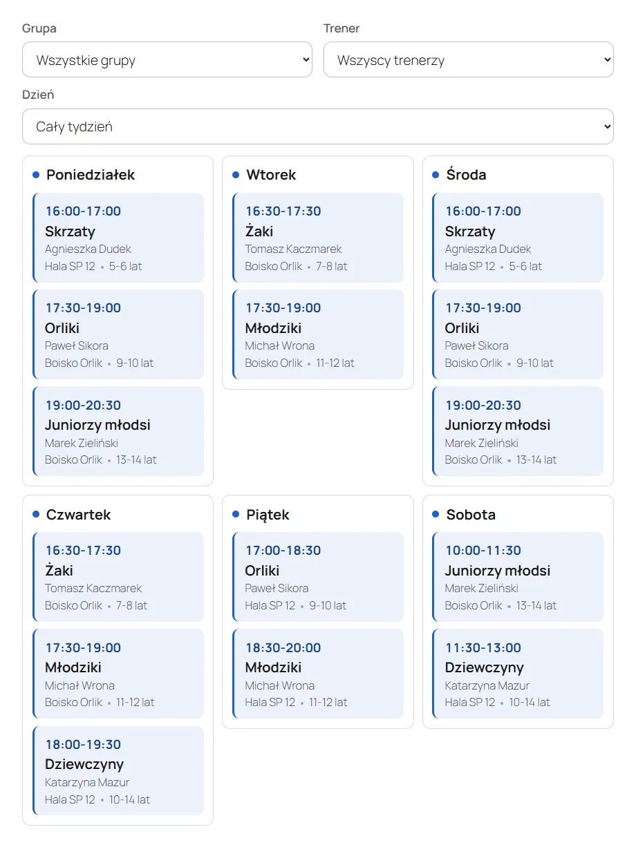 Grafik zajęć: tydzień z grupami, godzinami, salami i trenerami, jasny motyw