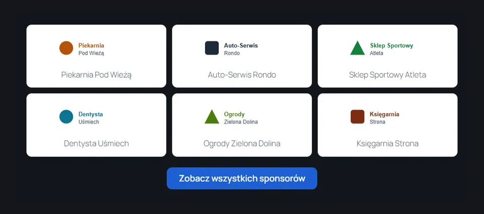 Sponsorzy klubu: sześć logotypów z nazwami w trzech kolumnach, ciemny motyw
