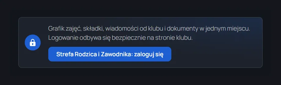 Blok Strefy rodzica z opisem i przyciskiem logowania do aplikacji klubu, ciemny motyw