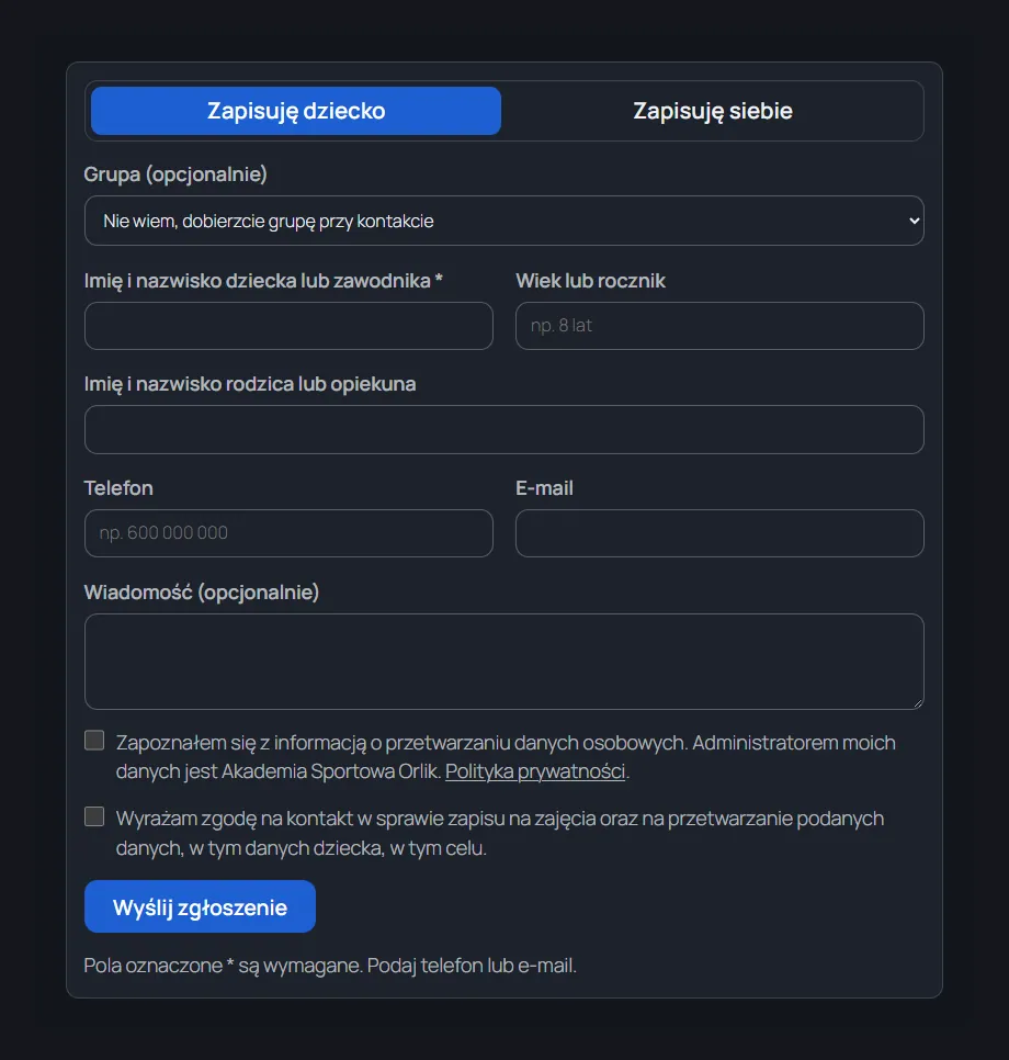 Formularz zapisu na zajęcia z wyborem grupy, danymi dziecka i opiekuna oraz zgodami, ciemny motyw