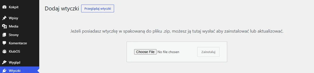 Ekran WordPressa „Dodaj wtyczki” z polem wyboru pliku zip