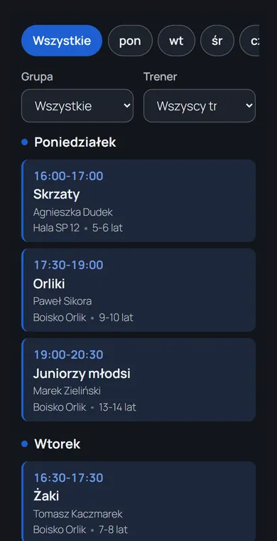 Grafik zajęć na telefonie, ciemny motyw