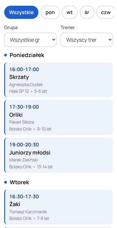 Grafik zajęć klubu na telefonie: przyciski dni i lista zajęć