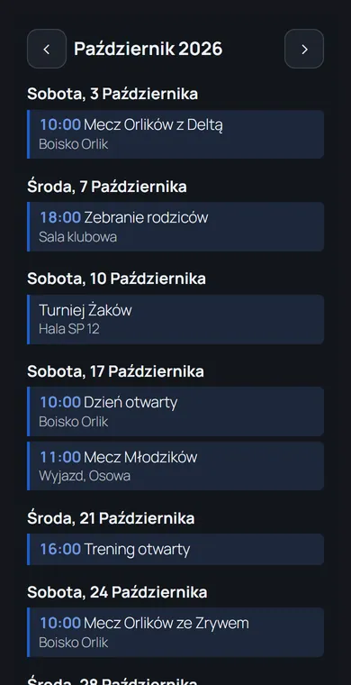 Kalendarz na telefonie jako lista dni z wydarzeniami, ciemny motyw