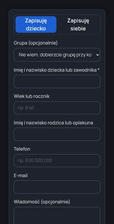 Formularz zapisu na telefonie, ciemny motyw