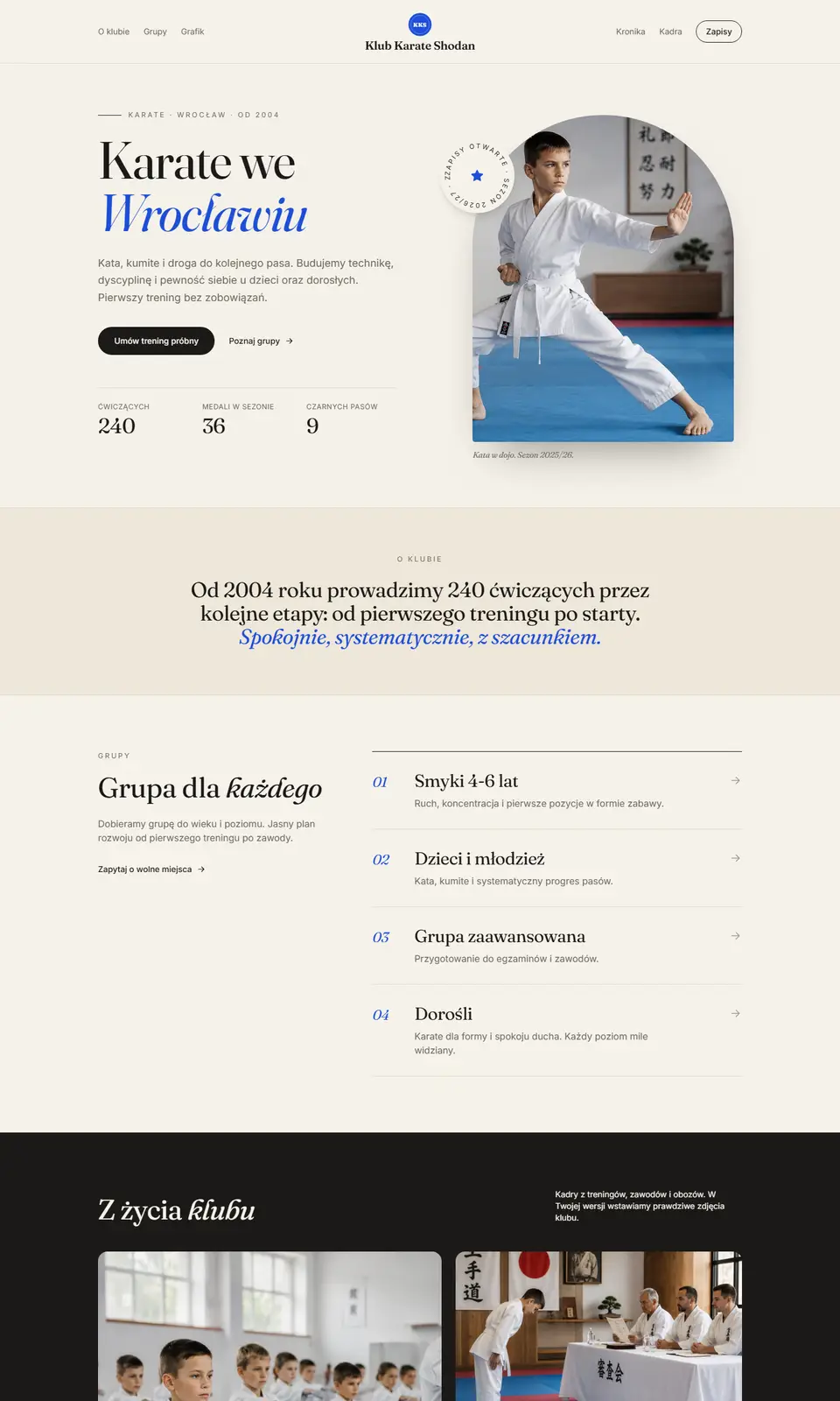 Szablon Arena: przykładowa strona klubu (Karate)