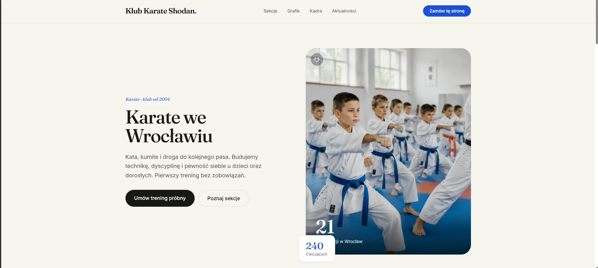 Podgląd szablonu Arena — strona klubu karate
