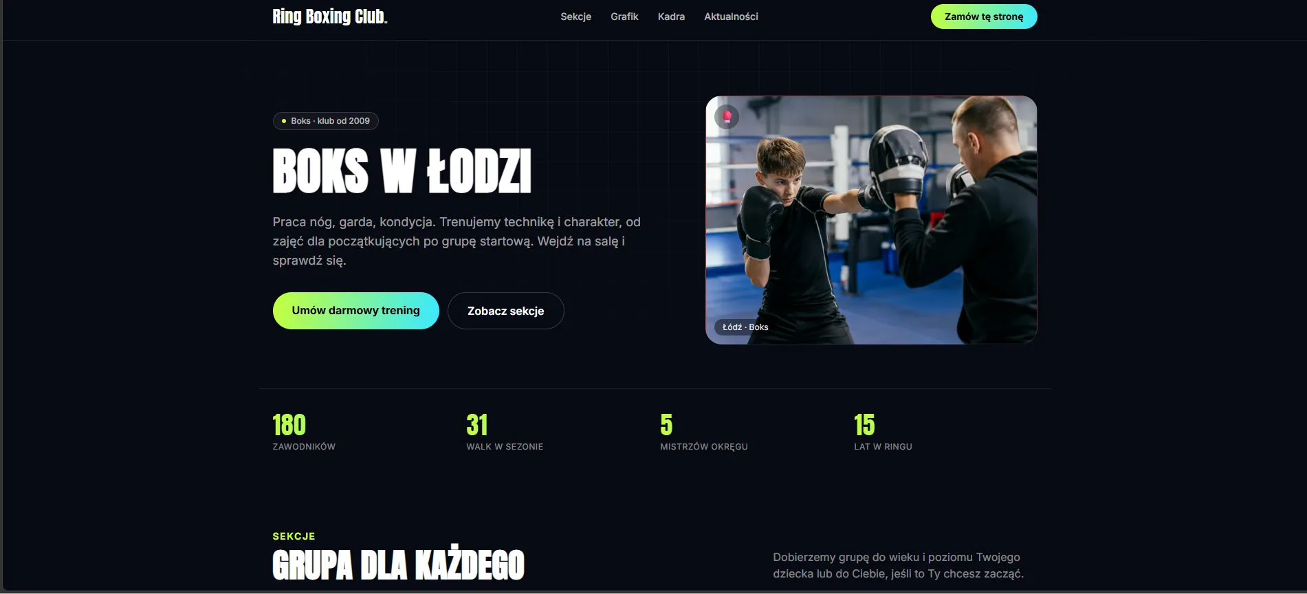 Podgląd szablonu Puls — strona klubu boks